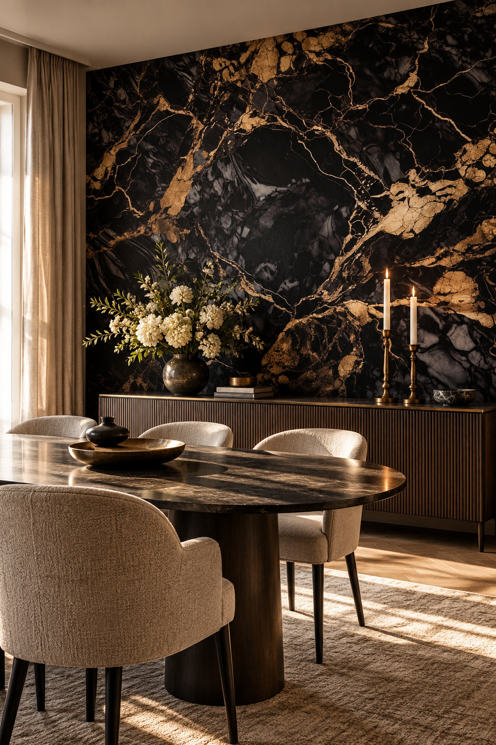 Marbre noir veliné, papier peint panoramique dans une salle à manger : visuel d'ambiance illustratif