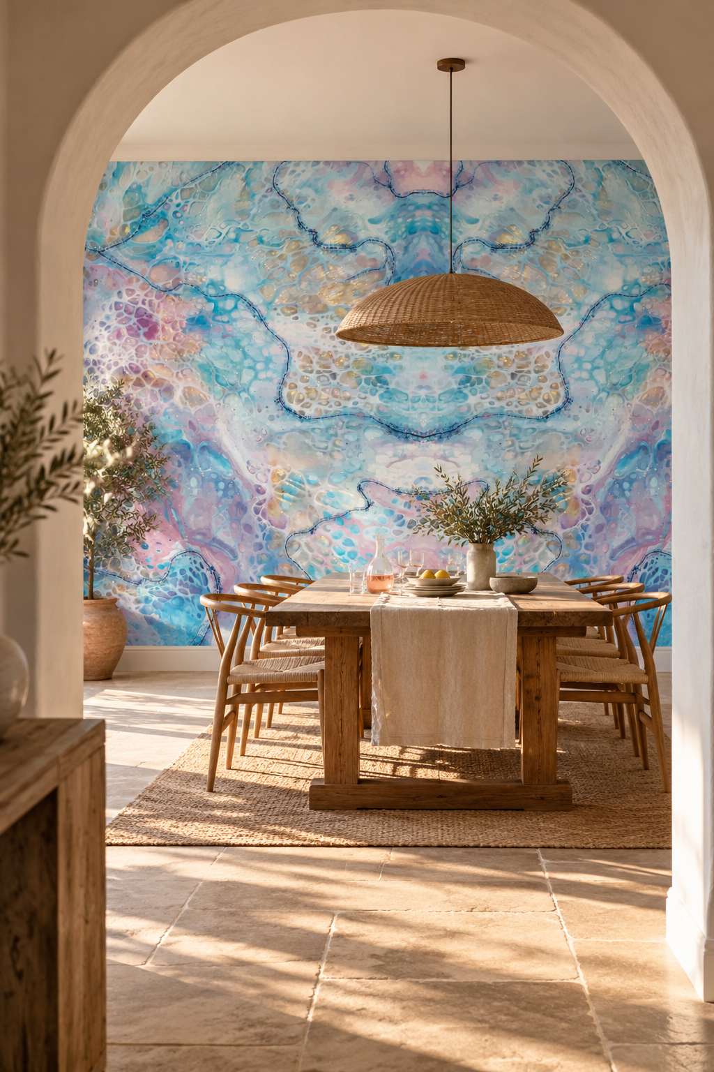Marbre turquoise, papier peint panoramique dans une salle à manger : visuel d'ambiance illustratif
