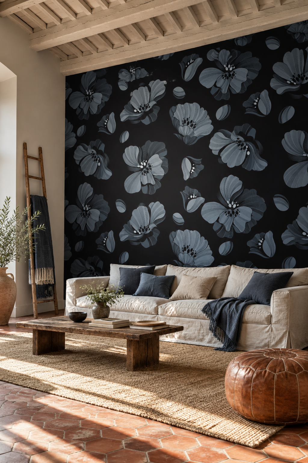 Marguerites bleutées, papier peint panoramique dans un salon : visuel d'ambiance illustratif