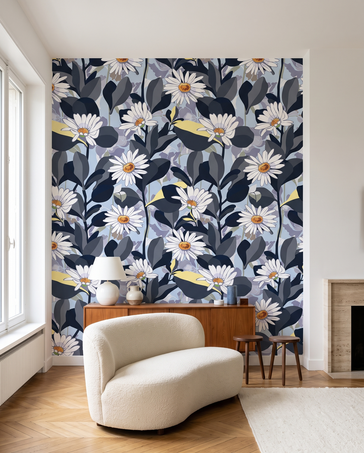 Marguerites de minuit, papier peint panoramique dans un salon : visuel d'ambiance illustratif