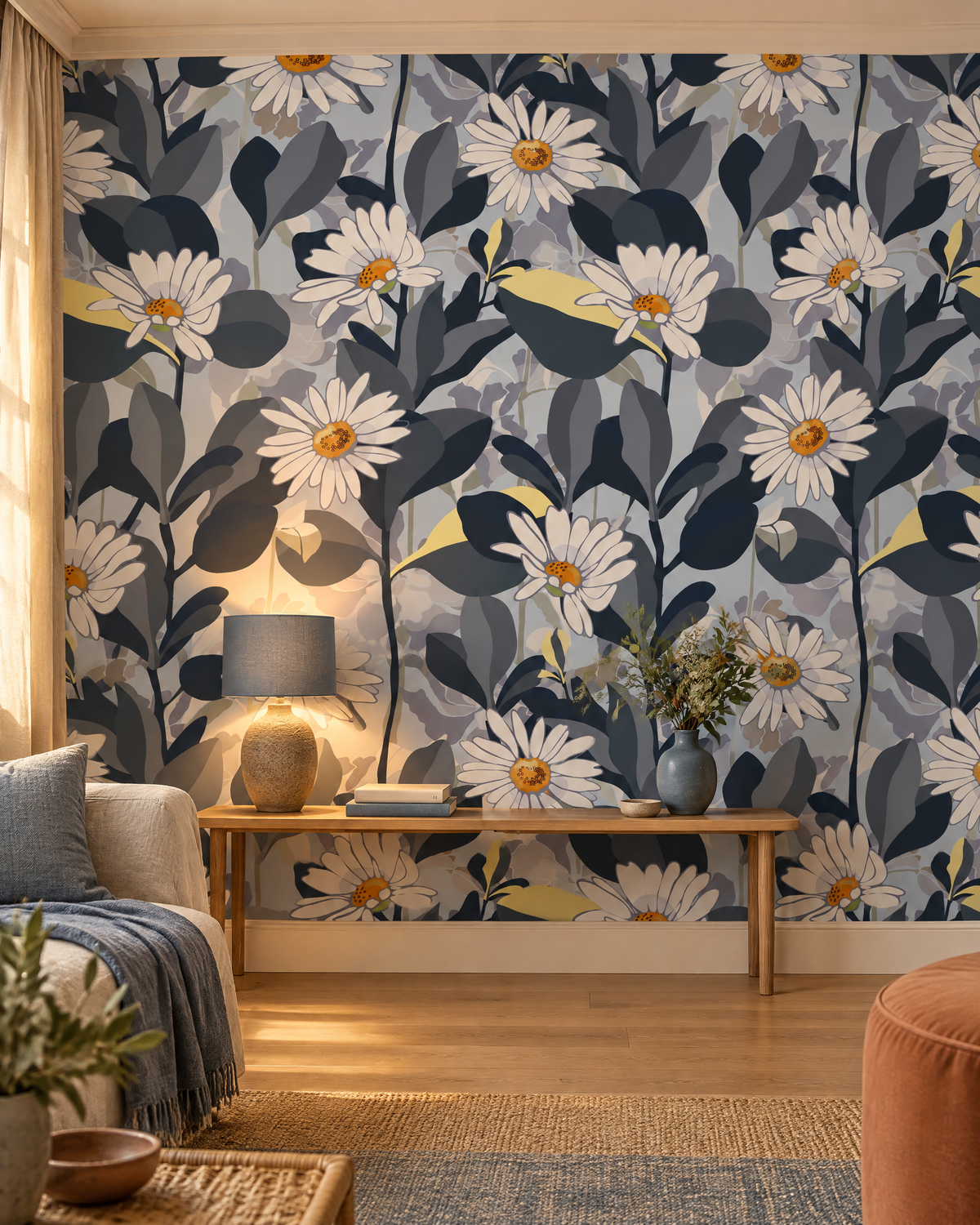 Marguerites de minuit, papier peint panoramique dans un salon : visuel d'ambiance illustratif