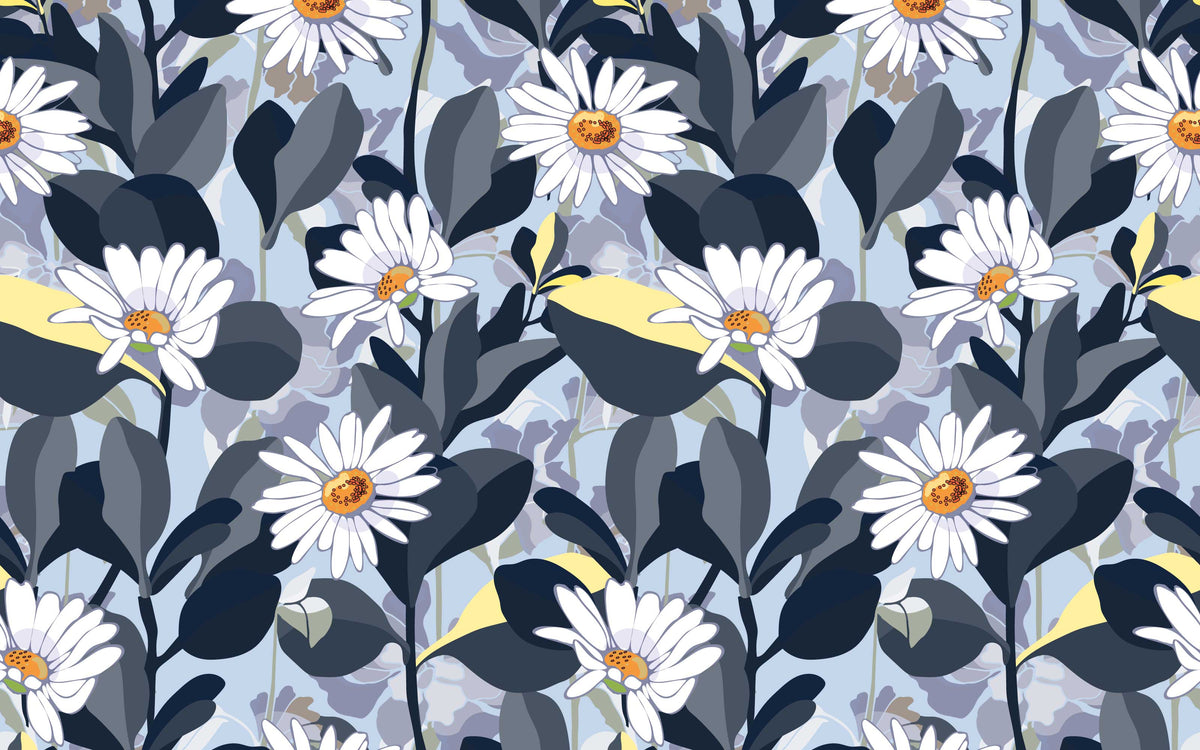 Papier peint panoramique Marguerites de minuit : le décor à plat