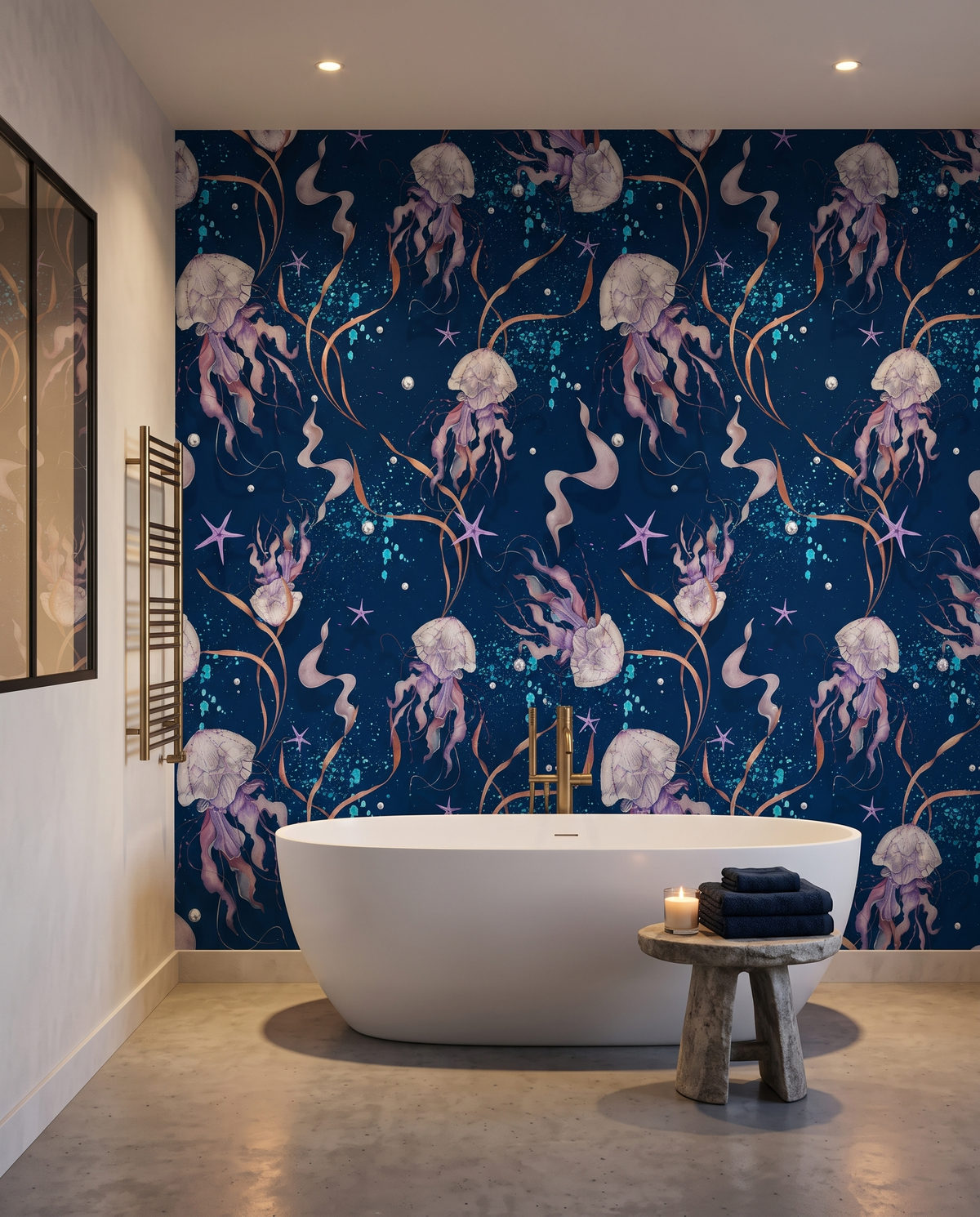 Méduses d'indigo, papier peint panoramique dans une salle de bain : visuel d'ambiance illustratif