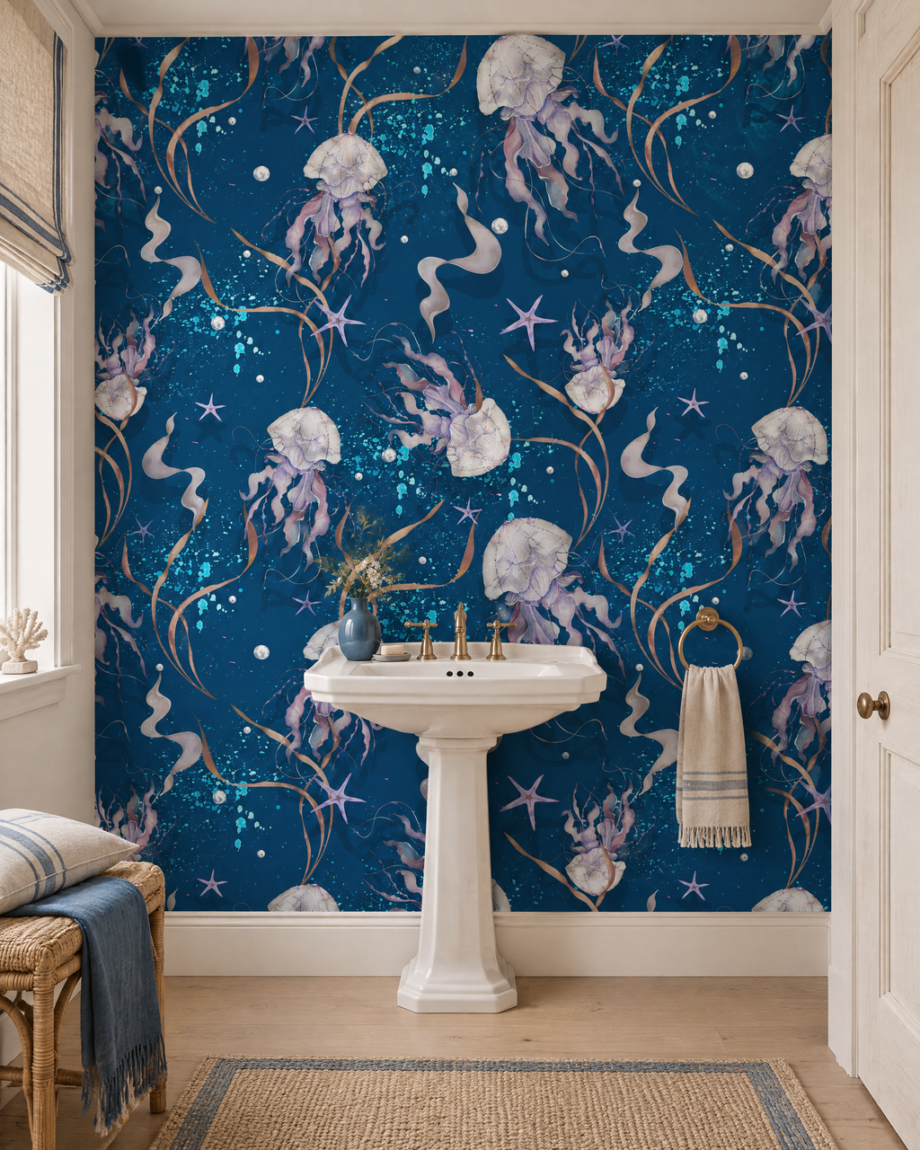 Méduses d'indigo, papier peint panoramique dans une salle de bain : visuel d'ambiance illustratif