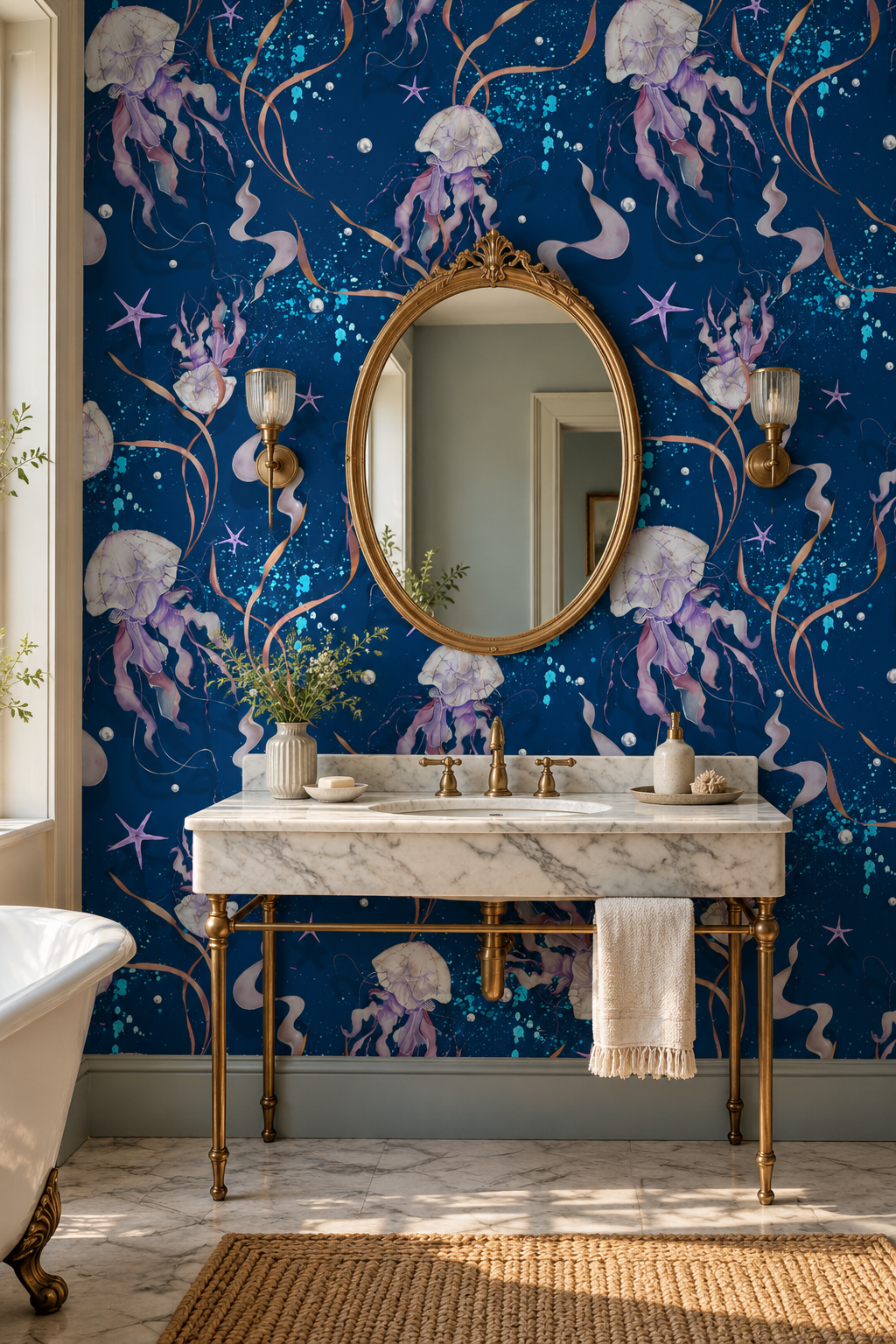 Méduses d'indigo, papier peint panoramique dans une salle de bain : visuel d'ambiance illustratif