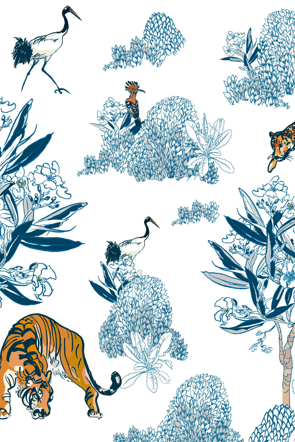 Ménagerie bleue, papier peint panoramique : vue d'ensemble du décor