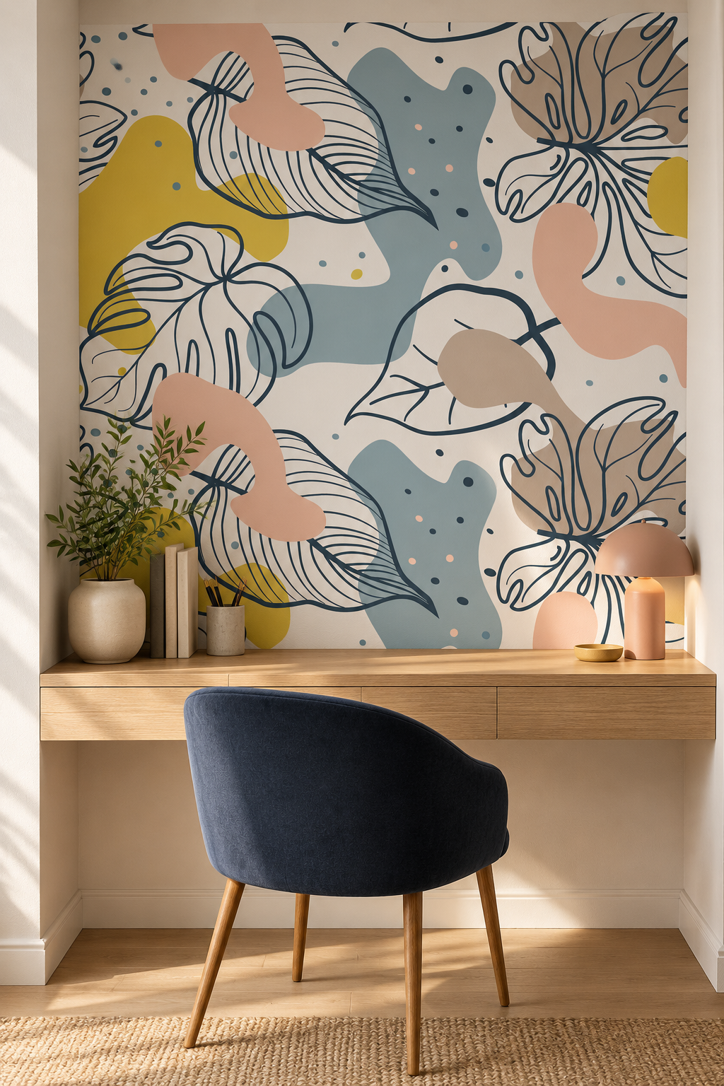 Monstera au trait, papier peint panoramique dans un bureau : visuel d'ambiance illustratif