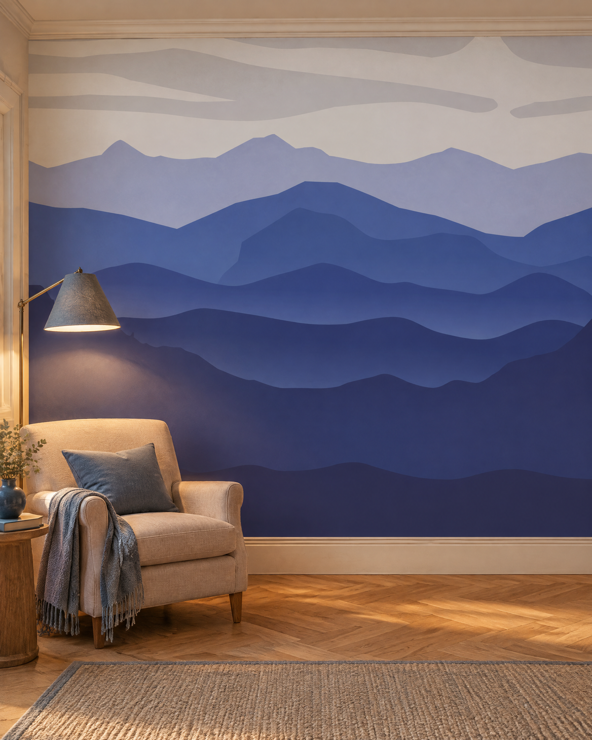 Montagnes en dégradé bleu, papier peint panoramique dans un bureau : visuel d'ambiance illustratif