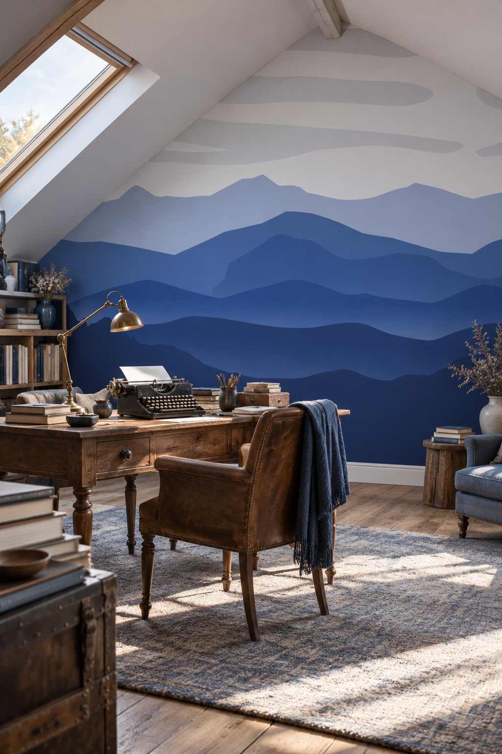 Montagnes en dégradé bleu, papier peint panoramique dans un bureau : visuel d'ambiance illustratif