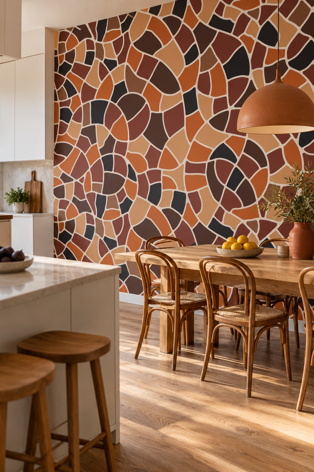 Mosaïque terracotta, papier peint panoramique dans une salle à manger : visuel d'ambiance illustratif