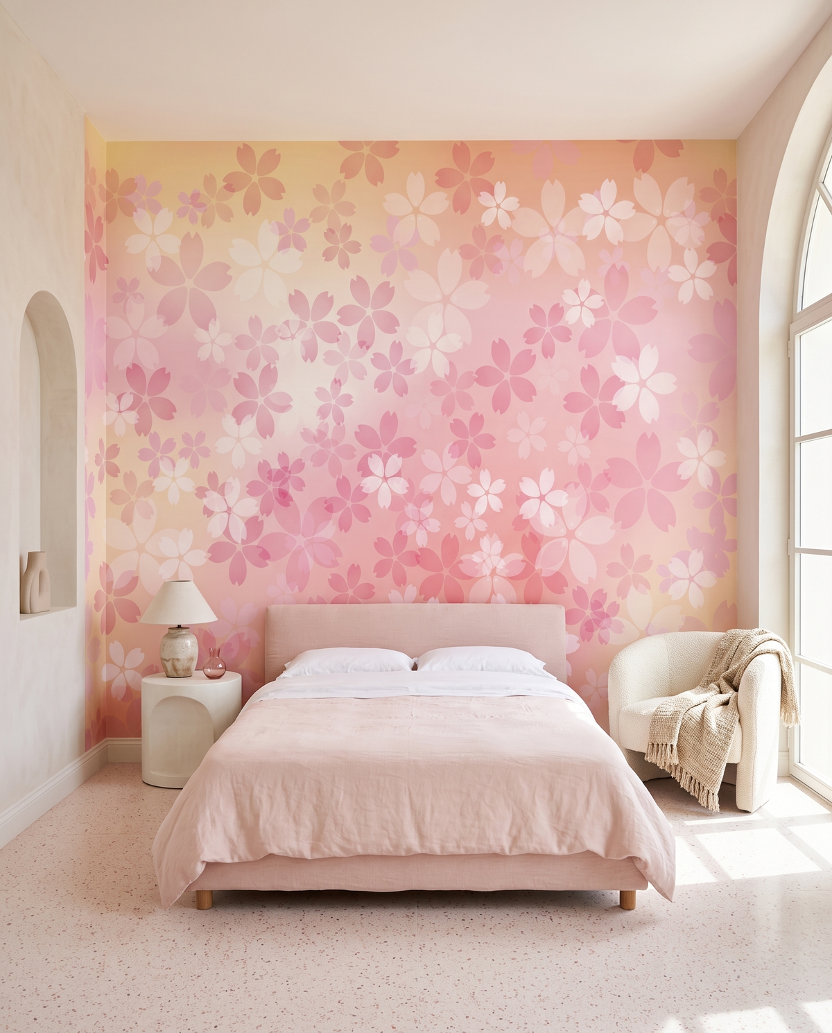 Murmure rosé, papier peint panoramique dans une chambre : visuel d'ambiance illustratif