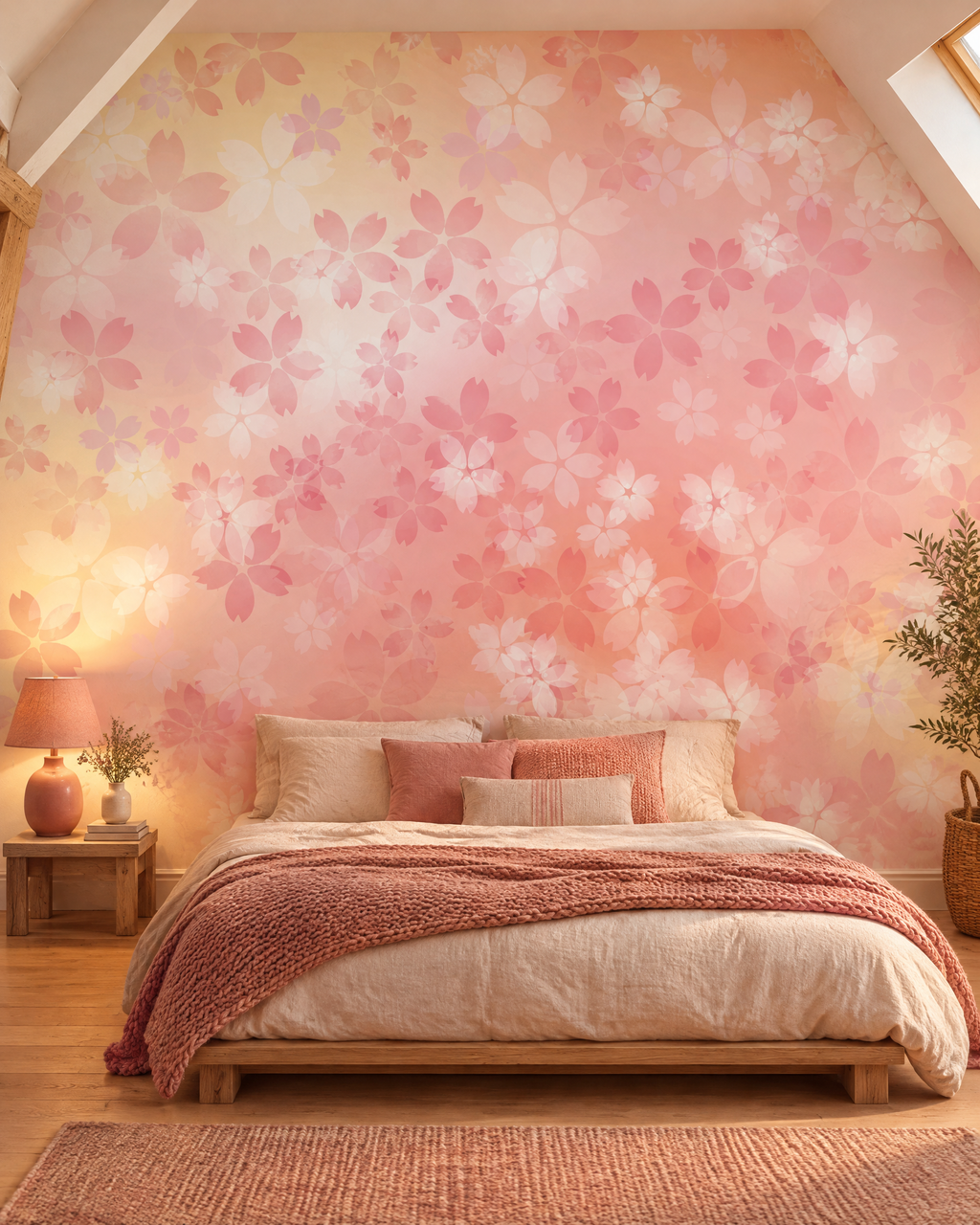 Murmure rosé, papier peint panoramique dans une chambre : visuel d'ambiance illustratif