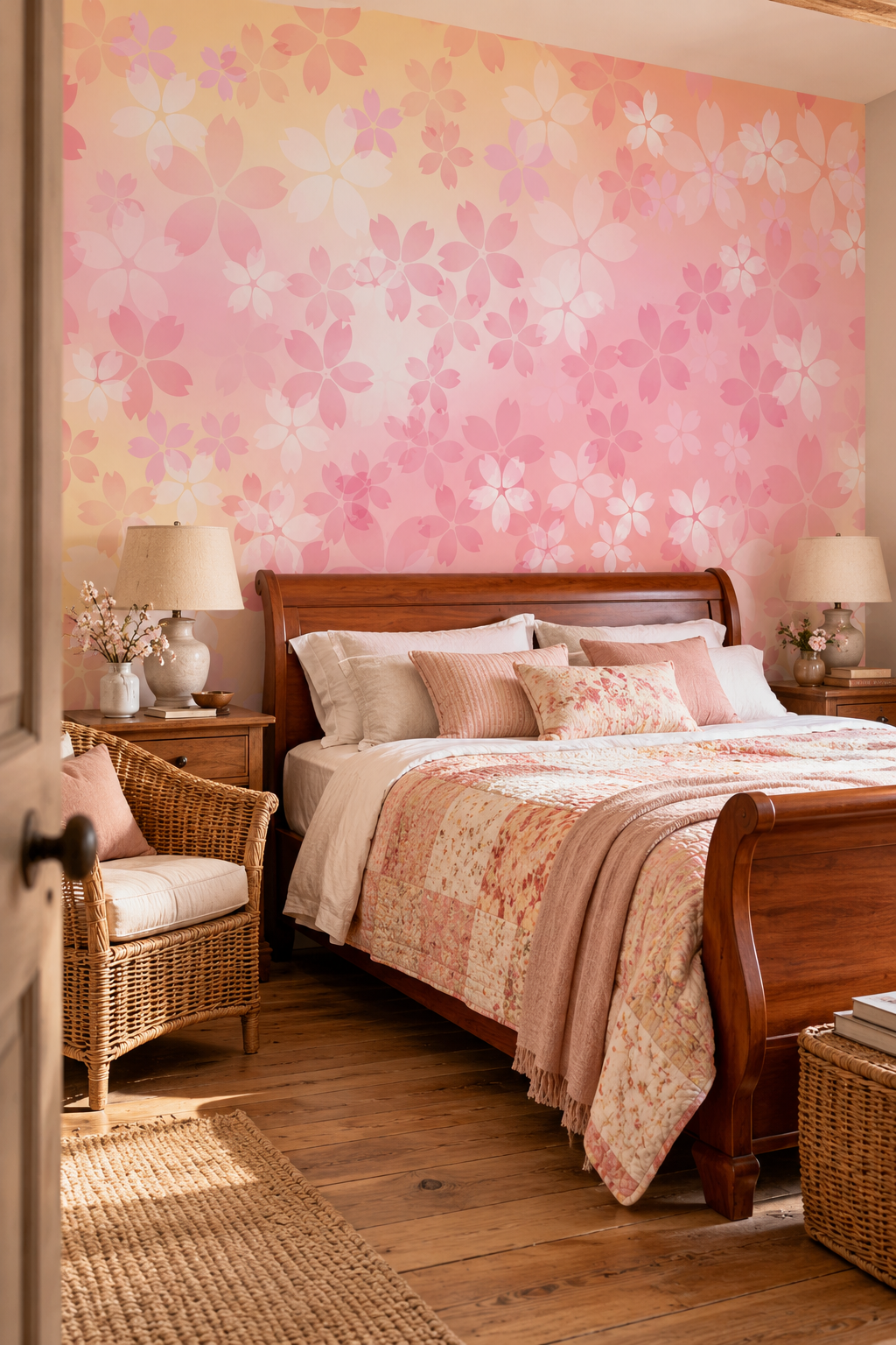 Murmure rosé, papier peint panoramique dans une chambre : visuel d'ambiance illustratif
