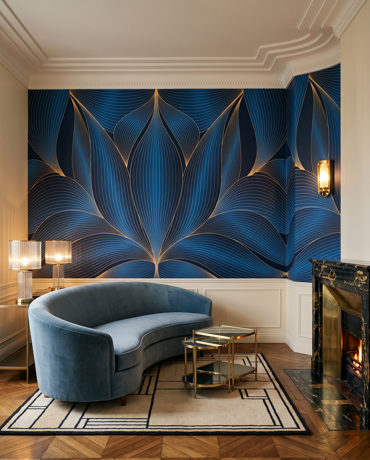 Nénuphars dorés, papier peint panoramique dans un salon : visuel d'ambiance illustratif