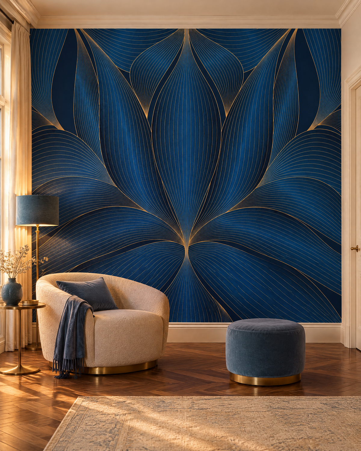 Nénuphars dorés, papier peint panoramique dans un salon : visuel d'ambiance illustratif