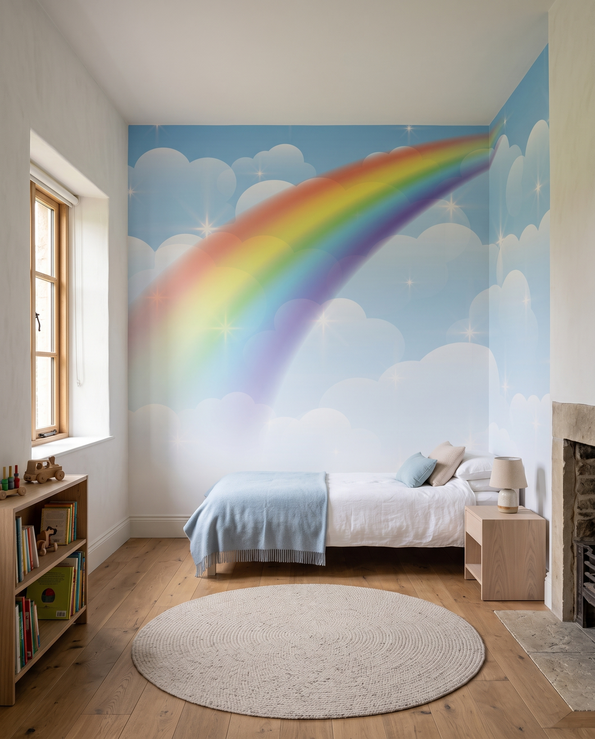 Ciel à l'arc-en-ciel, papier peint panoramique dans une chambre d'enfant : visuel d'ambiance illustratif