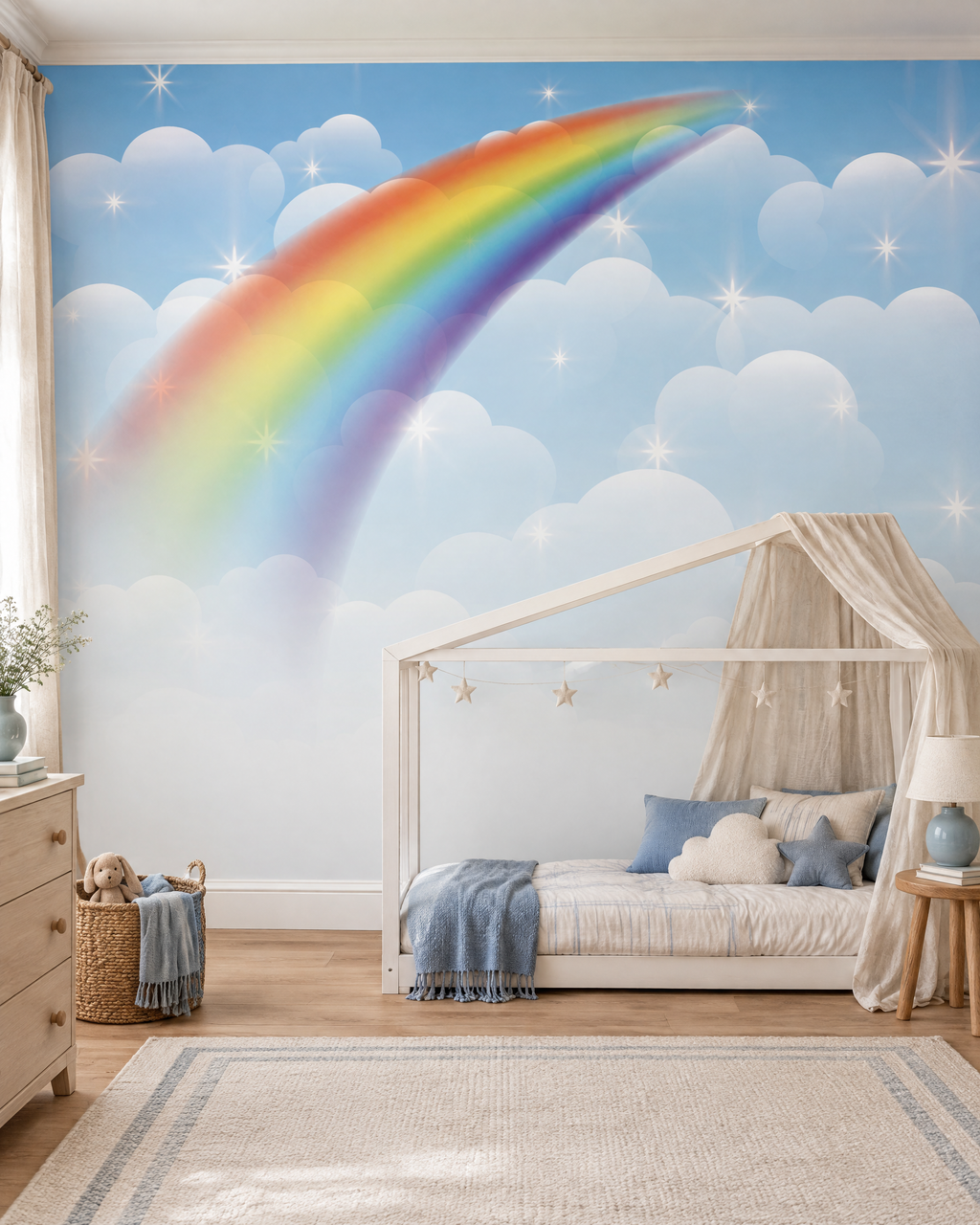 Ciel à l'arc-en-ciel, papier peint panoramique dans une chambre d'enfant : visuel d'ambiance illustratif