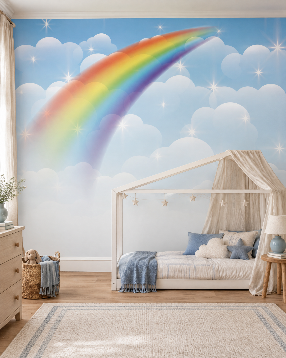 Ciel à l'arc-en-ciel, papier peint panoramique dans une chambre d'enfant : visuel d'ambiance illustratif