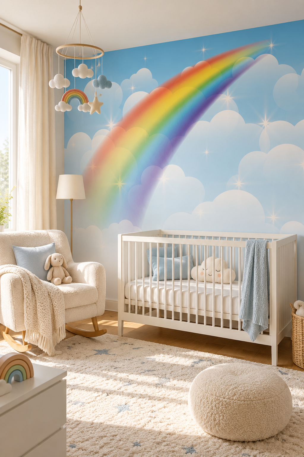 Ciel à l'arc-en-ciel, papier peint panoramique dans une chambre d'enfant : visuel d'ambiance illustratif