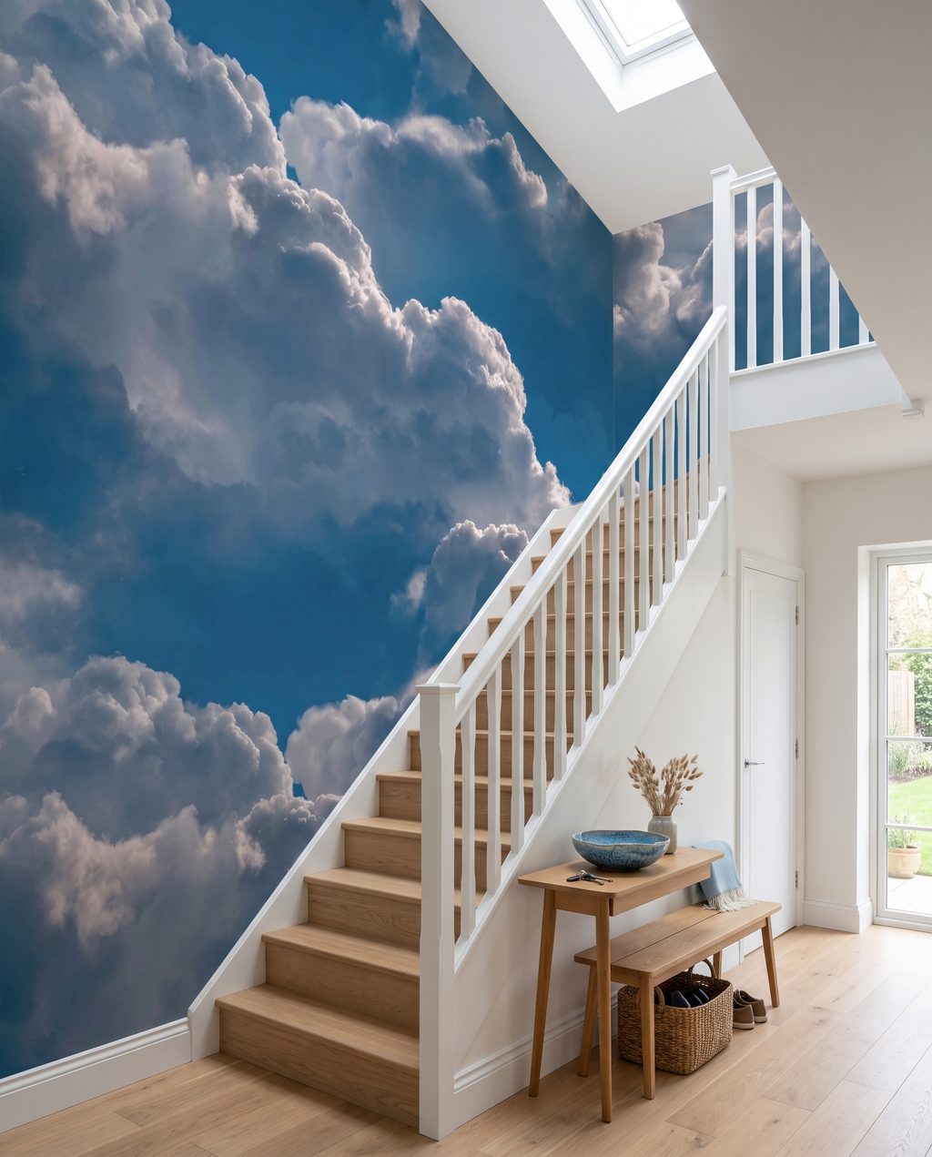 Nuages cotonneux, papier peint panoramique dans une entrée avec escalier : visuel d'ambiance illustratif