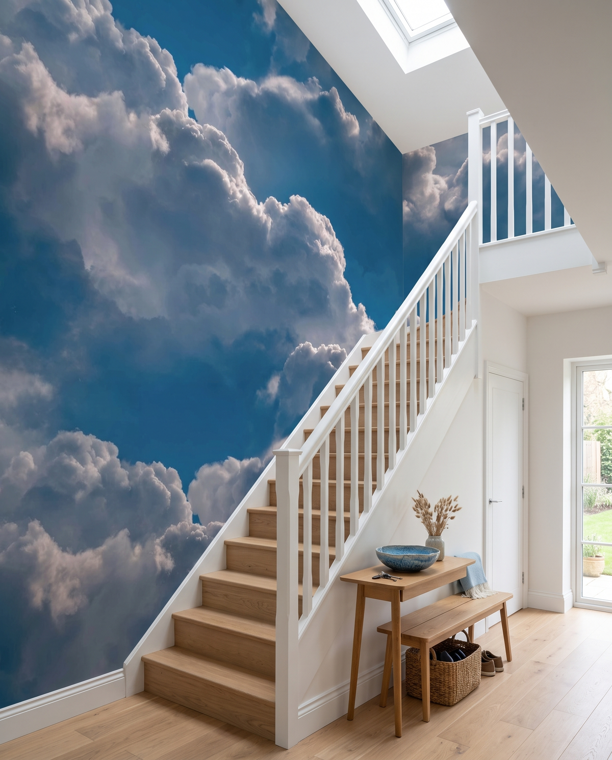 Nuages cotonneux, papier peint panoramique dans une entrée avec escalier : visuel d'ambiance illustratif