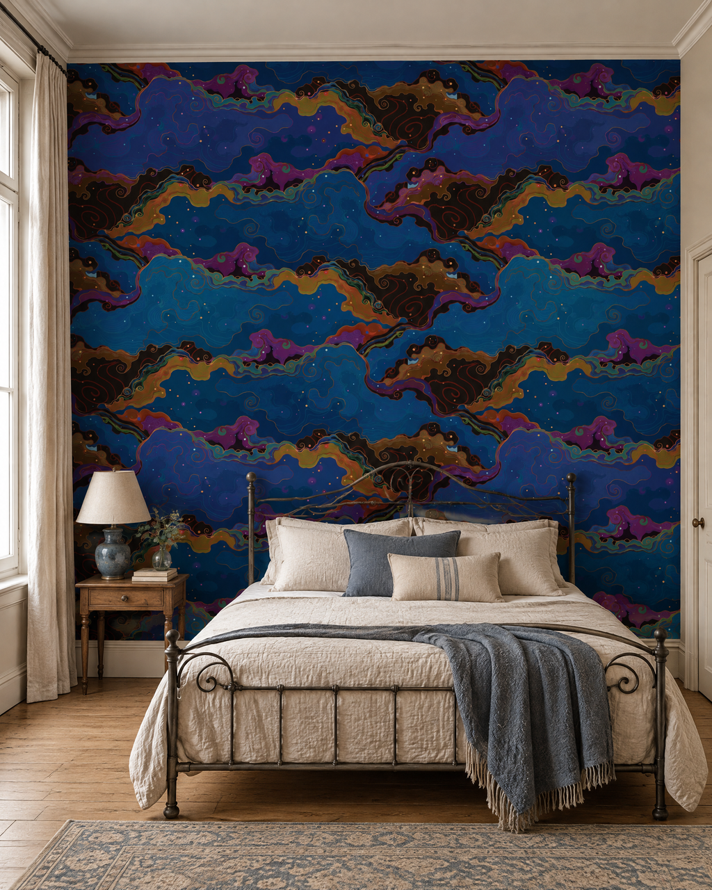 Nuées nocturnes, papier peint panoramique dans une chambre : visuel d'ambiance illustratif