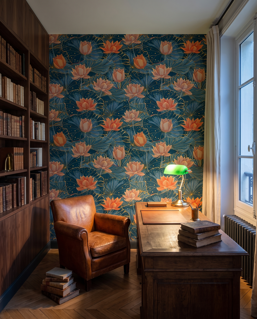 Nymphéas de nuit, papier peint panoramique dans un bureau : visuel d'ambiance illustratif