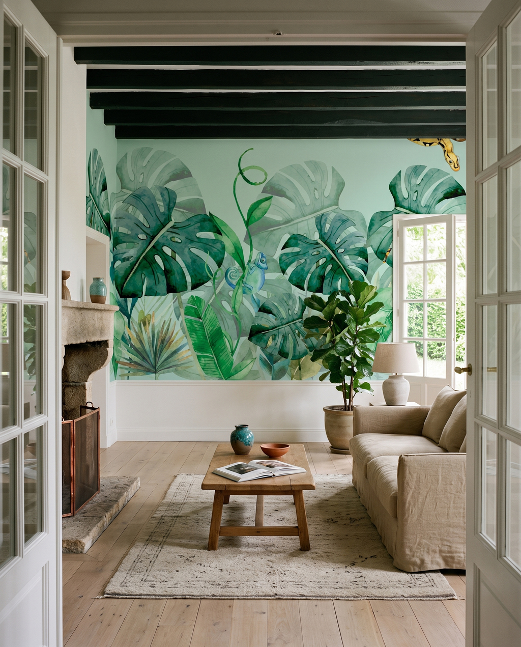 Oasis verte, papier peint panoramique dans un salon : visuel d'ambiance illustratif