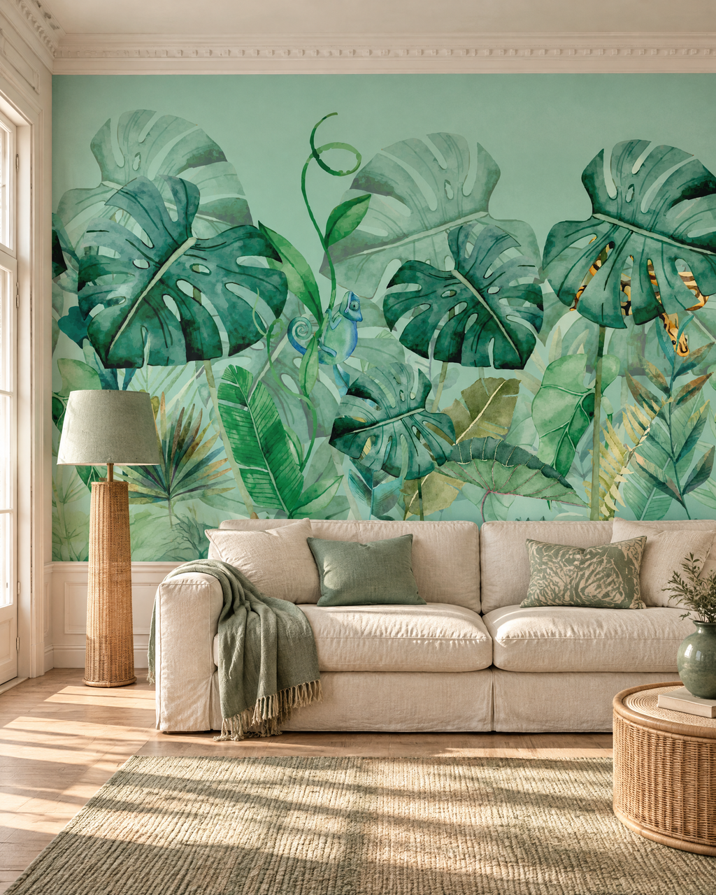 Oasis verte, papier peint panoramique dans un salon : visuel d'ambiance illustratif