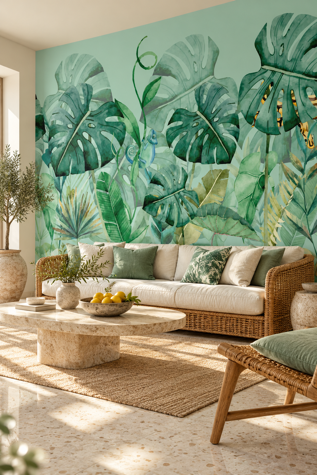 Oasis verte, papier peint panoramique dans un salon : visuel d'ambiance illustratif