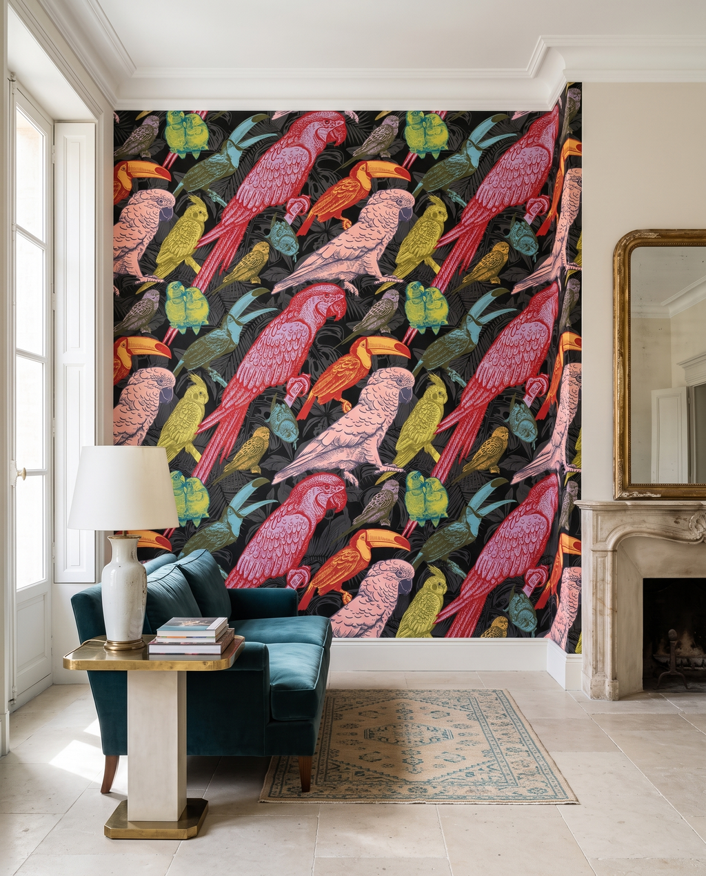 Oiseaux de paradis, papier peint panoramique dans un salon : visuel d'ambiance illustratif