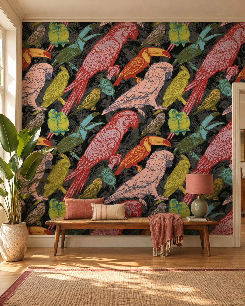 Oiseaux de paradis, papier peint panoramique dans un salon : visuel d'ambiance illustratif