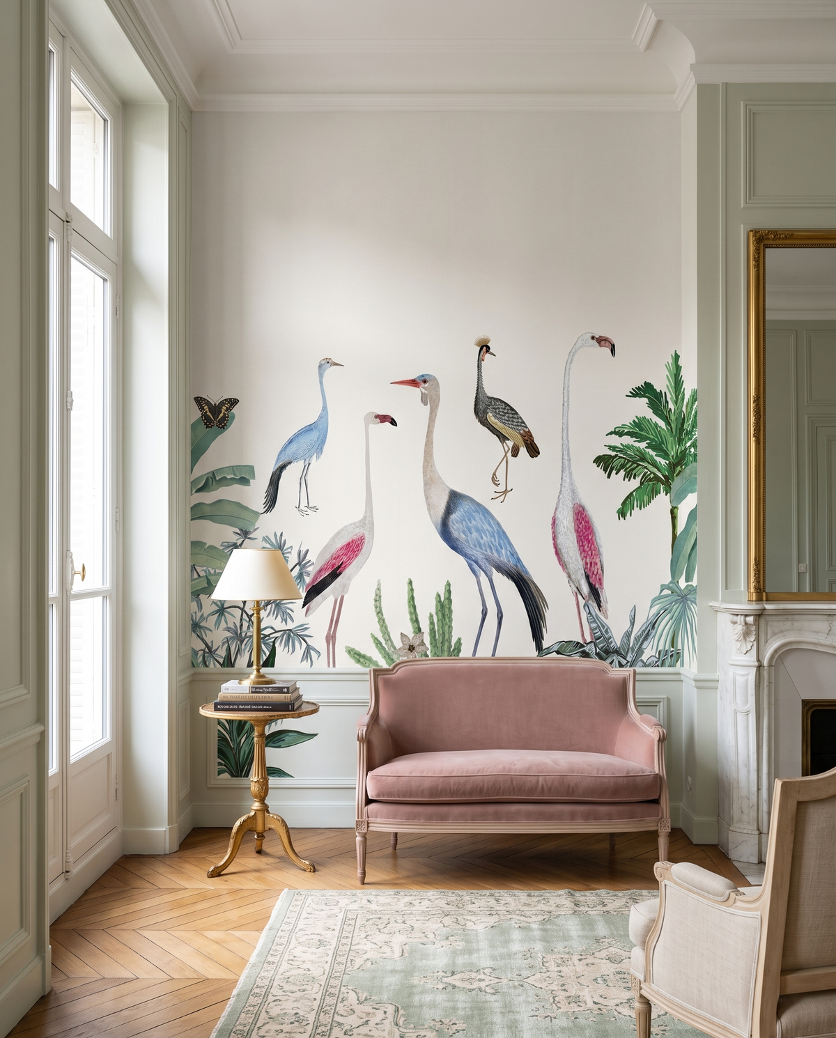 Oiseaux entre feuillages, papier peint panoramique dans un salon : visuel d'ambiance illustratif