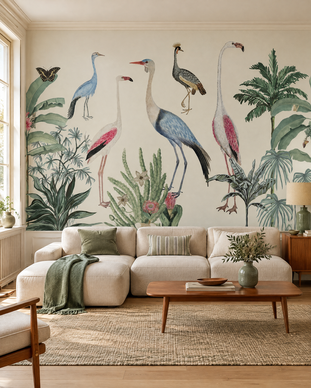 Oiseaux entre feuillages, papier peint panoramique dans un salon : visuel d'ambiance illustratif