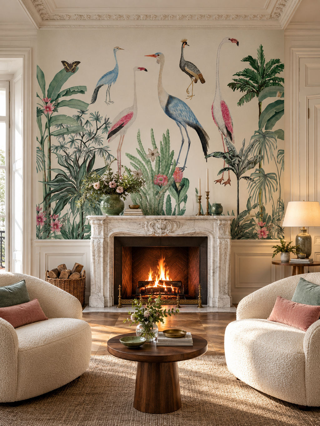 Oiseaux entre feuillages, papier peint panoramique dans un salon : visuel d'ambiance illustratif