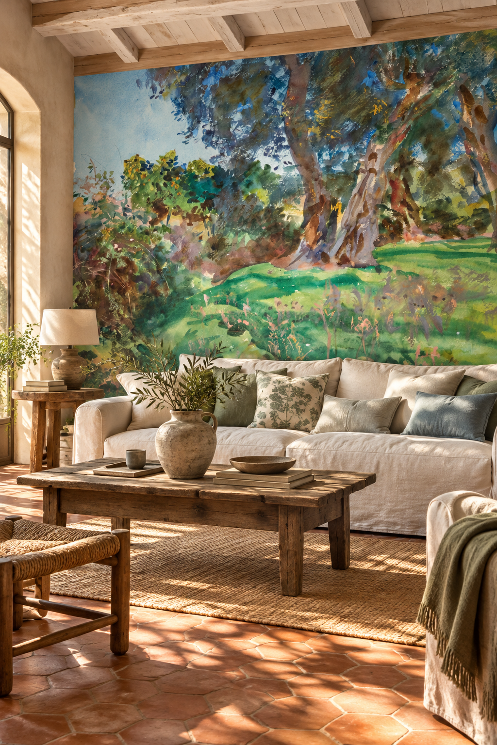 Oliviers de Corfou, papier peint panoramique dans un salon : visuel d'ambiance illustratif