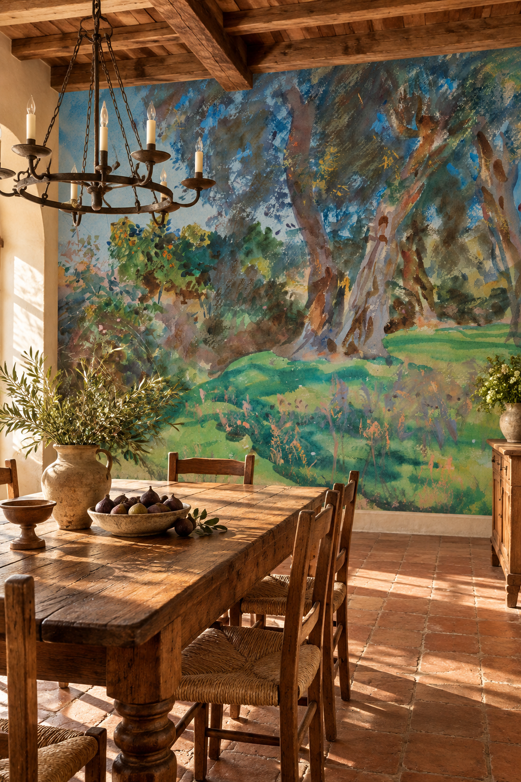 Oliviers de Corfou, papier peint panoramique dans une salle à manger : visuel d'ambiance illustratif