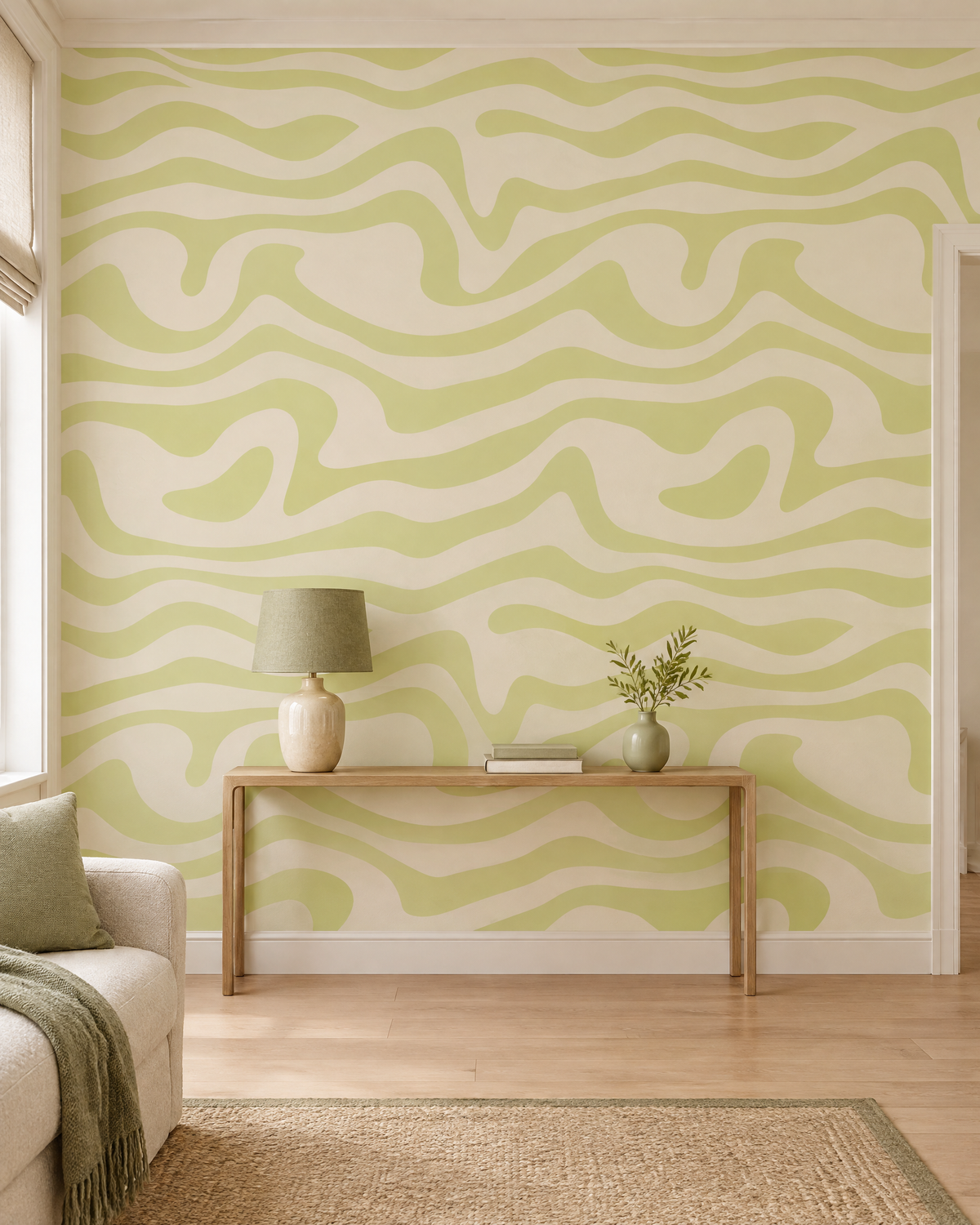 Ondes vert et crème, papier peint panoramique dans un salon : visuel d'ambiance illustratif