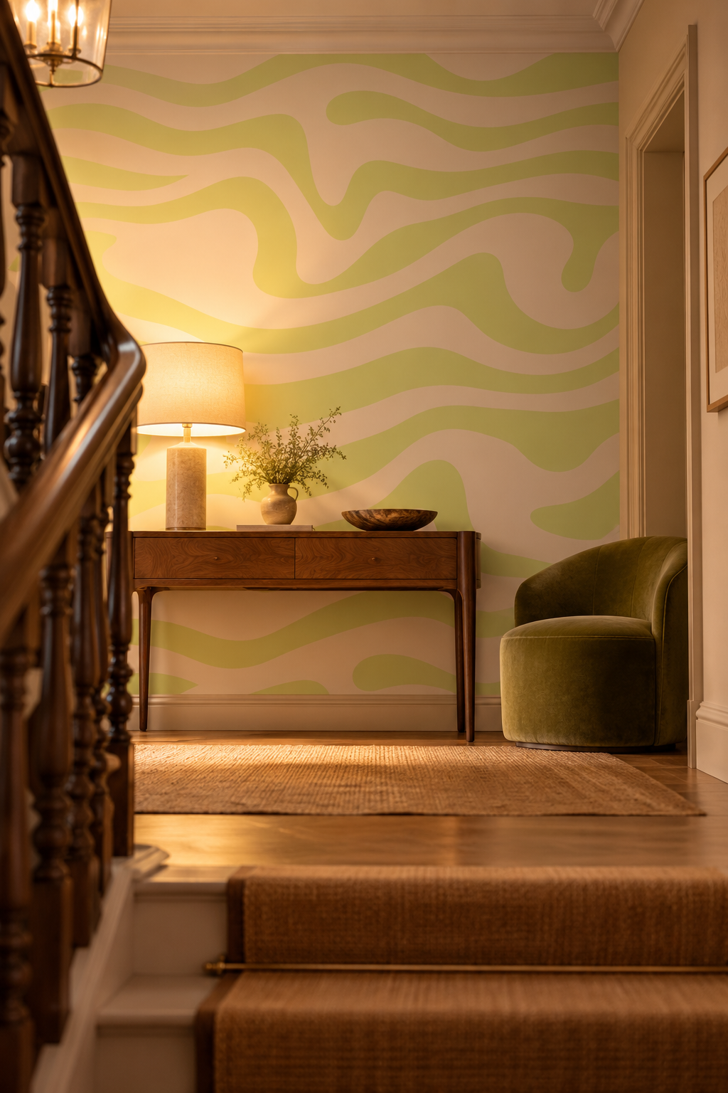 Ondes vert et crème, papier peint panoramique dans un palier : visuel d'ambiance illustratif