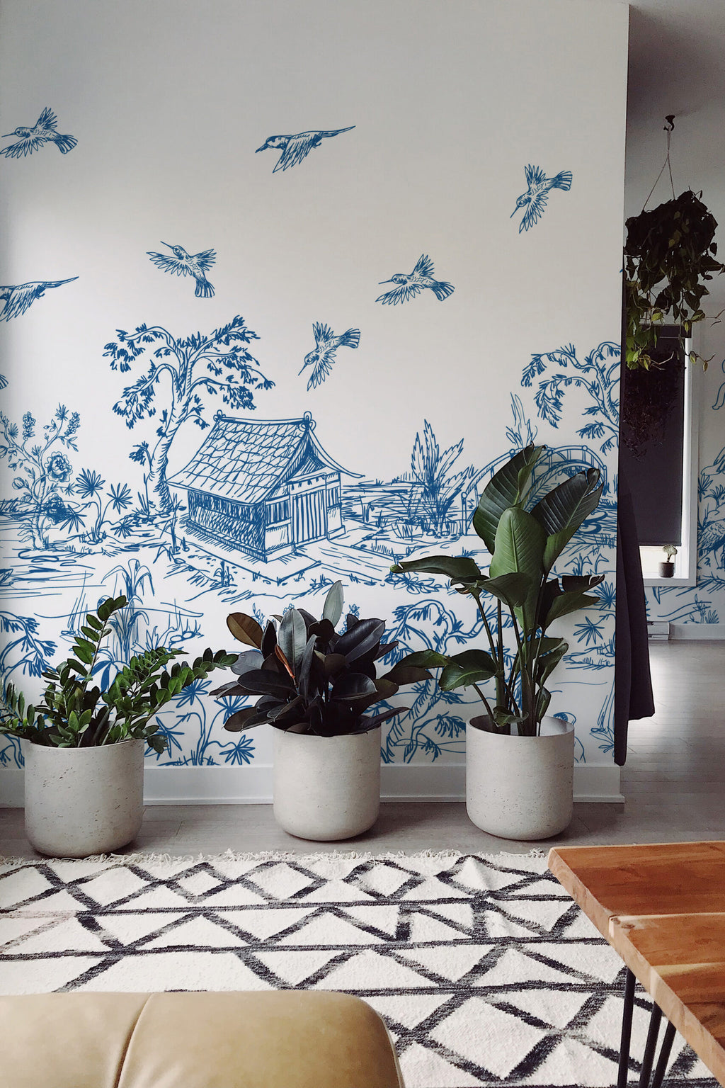 Papier peint panoramique toile chinoise bleu et blanc avec pagode et oiseaux
