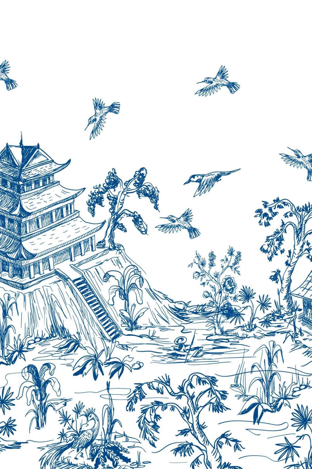 Pagode bleue, papier peint panoramique : vue d'ensemble du décor
