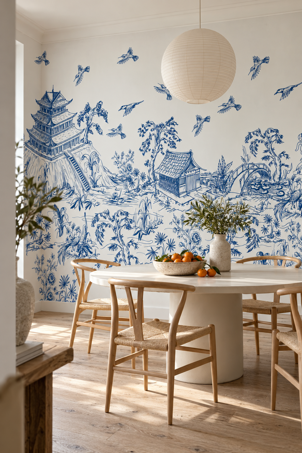 Pagode bleue, papier peint panoramique dans une salle à manger : visuel d'ambiance illustratif