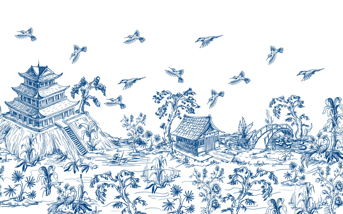 Papier peint panoramique Pagode bleue : le décor à plat