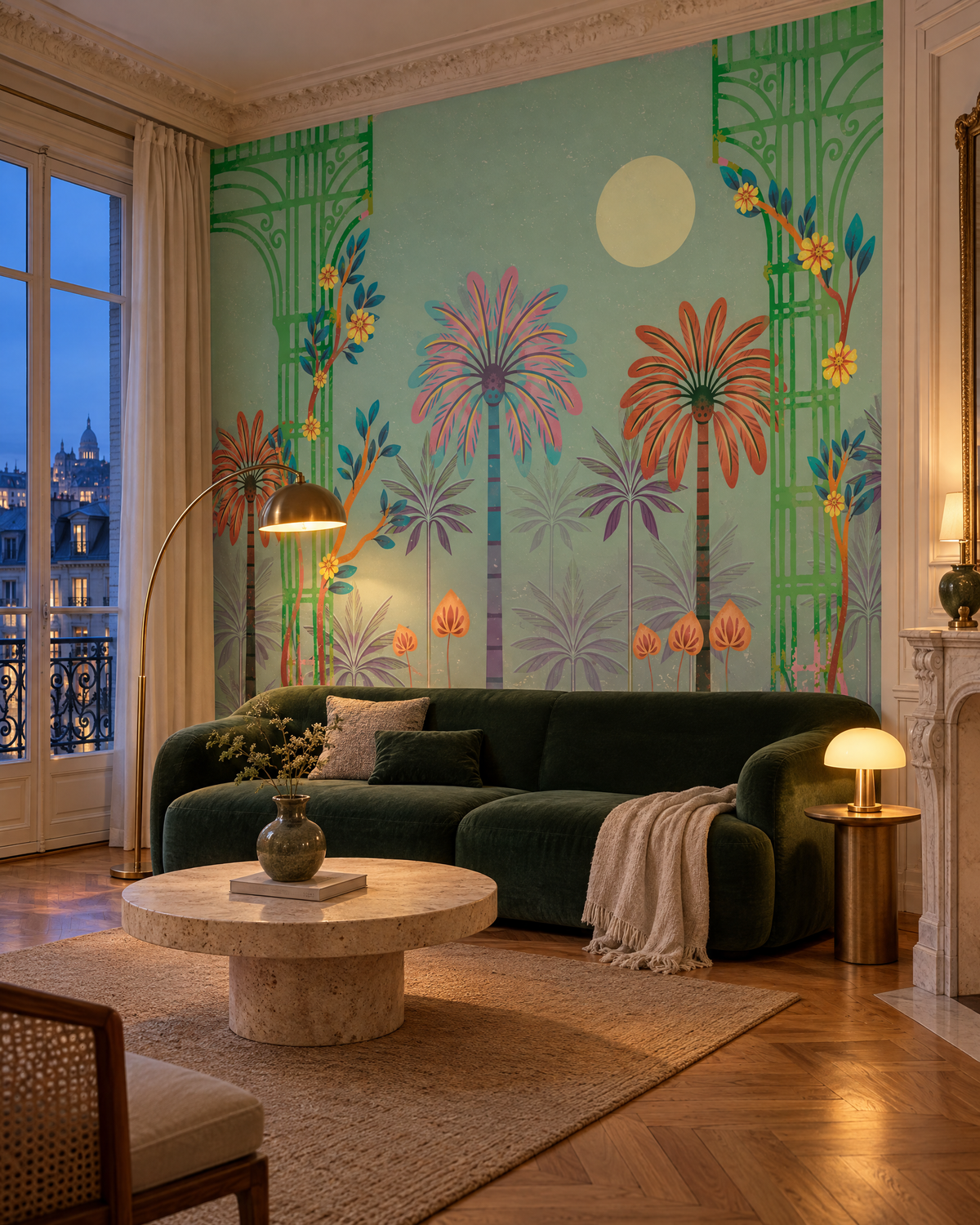Palmeraie à colonnes, papier peint panoramique dans un salon haussmannien : visuel d'ambiance illustratif