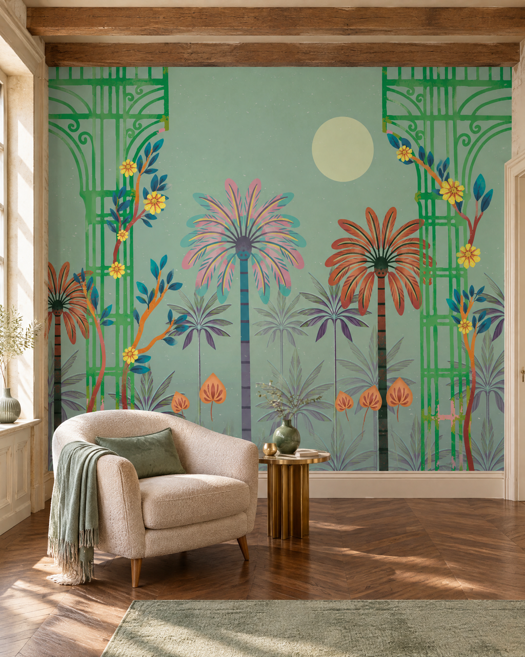 Palmeraie à colonnes, papier peint panoramique dans un salon : visuel d'ambiance illustratif