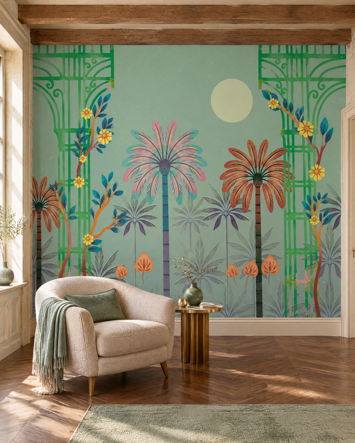 Palmeraie à colonnes, papier peint panoramique dans un salon : visuel d'ambiance illustratif