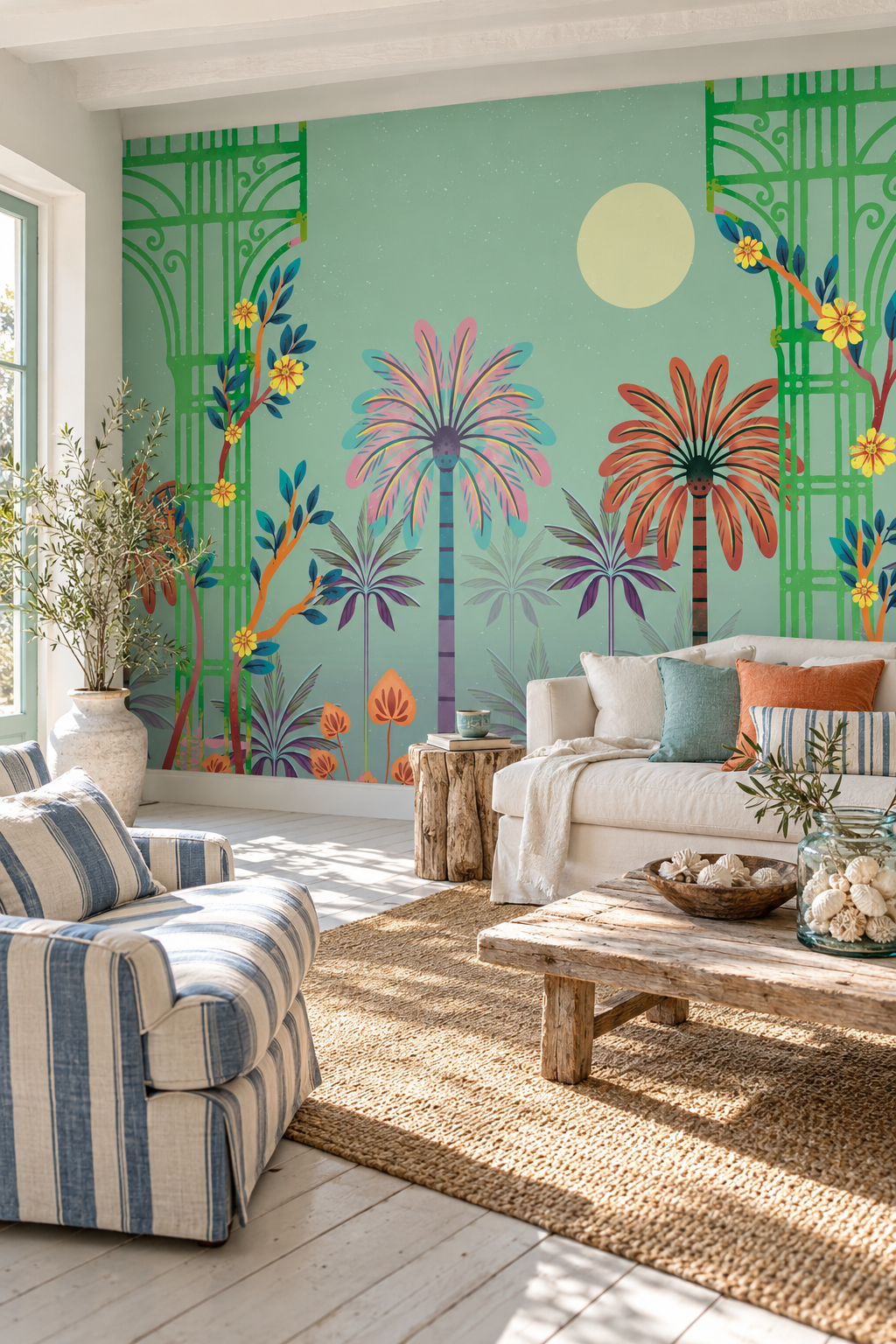 Palmeraie à colonnes, papier peint panoramique dans un salon : visuel d'ambiance illustratif