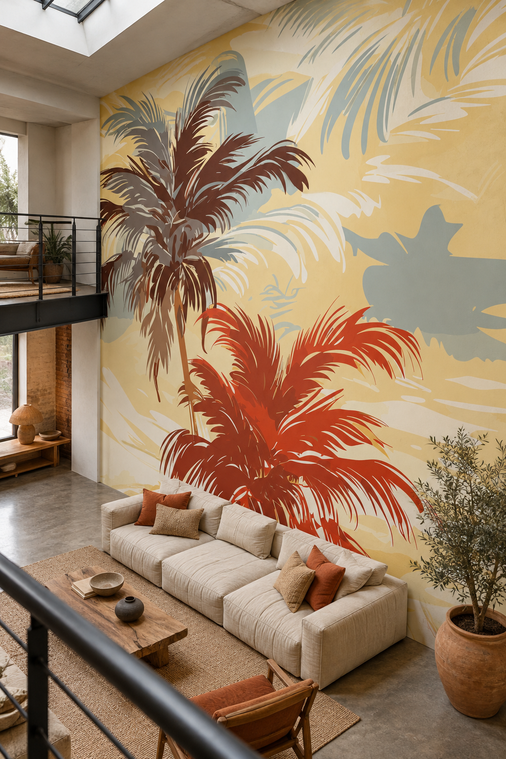 Palmes terre de sienne, papier peint panoramique dans un salon : visuel d'ambiance illustratif
