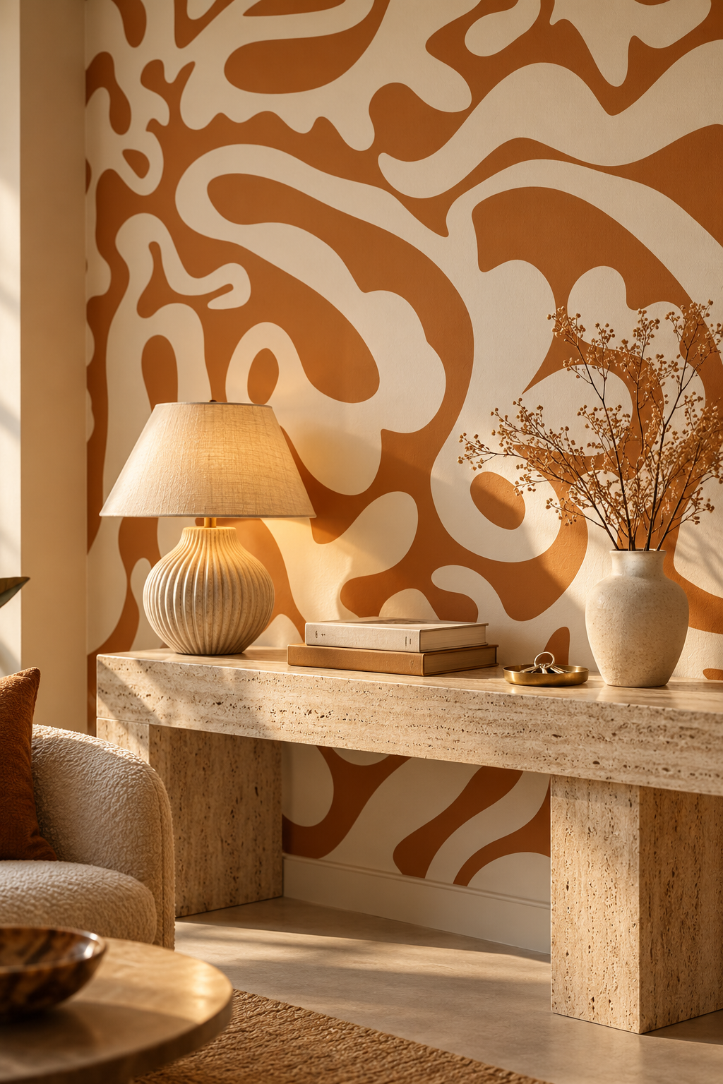 Papiers découpés terracotta, papier peint panoramique dans un salon : visuel d'ambiance illustratif