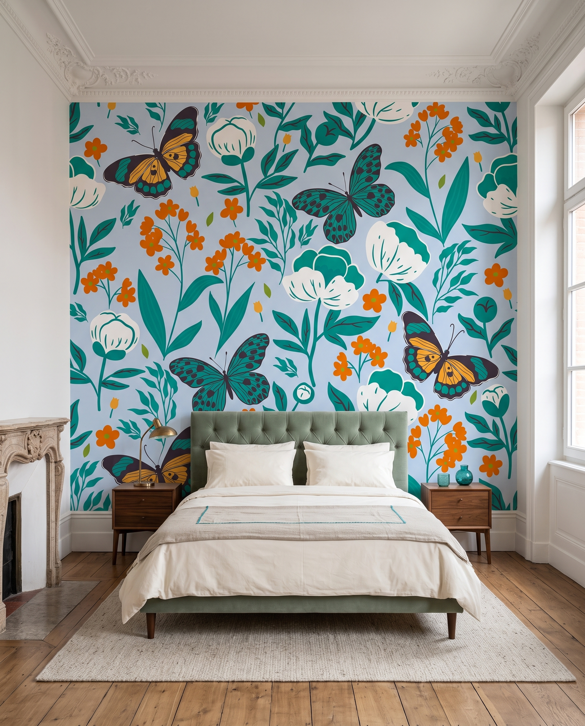 Papillons de printemps, papier peint panoramique dans une chambre : visuel d'ambiance illustratif